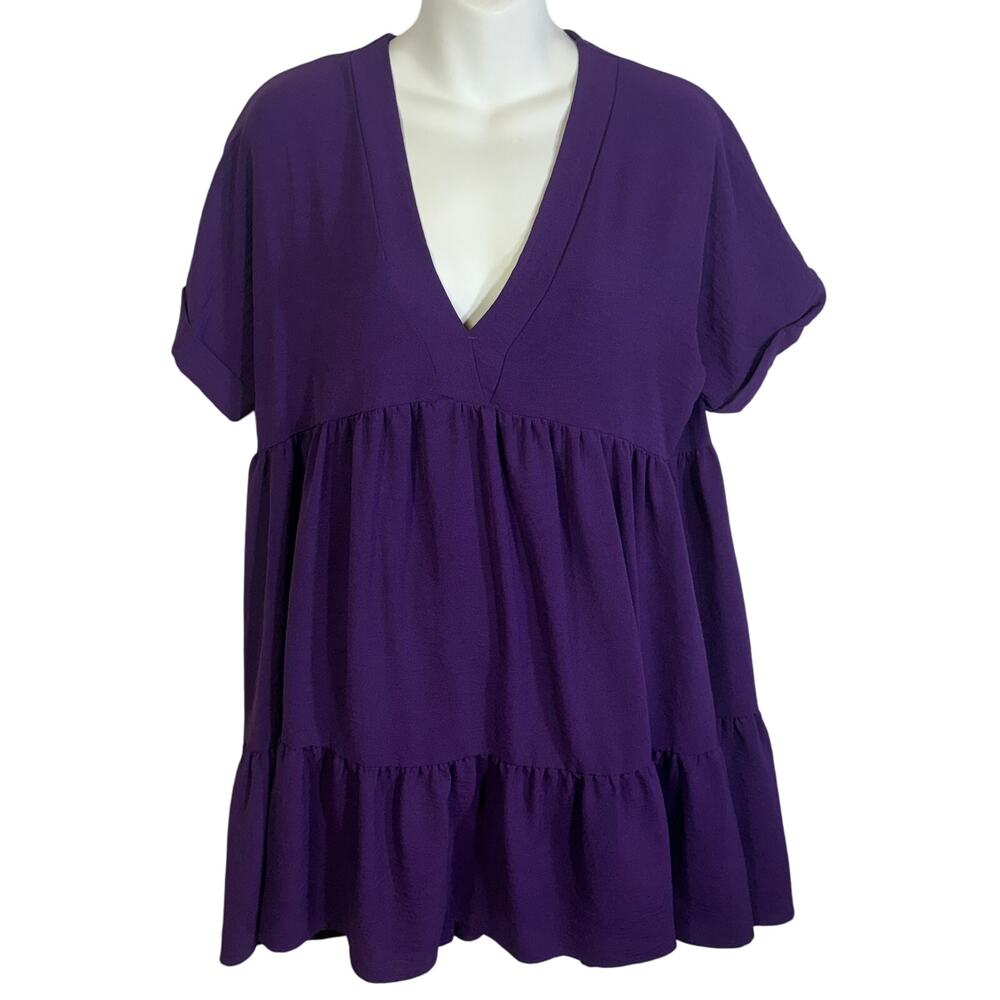 She + Sky Purple Tiered Ruffle Dress V Neck Empire Waist Women's Size Large L
